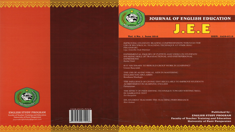 					View Vol. 2 No. 1 (2016): JEE (Jurnal of English Education) 
				