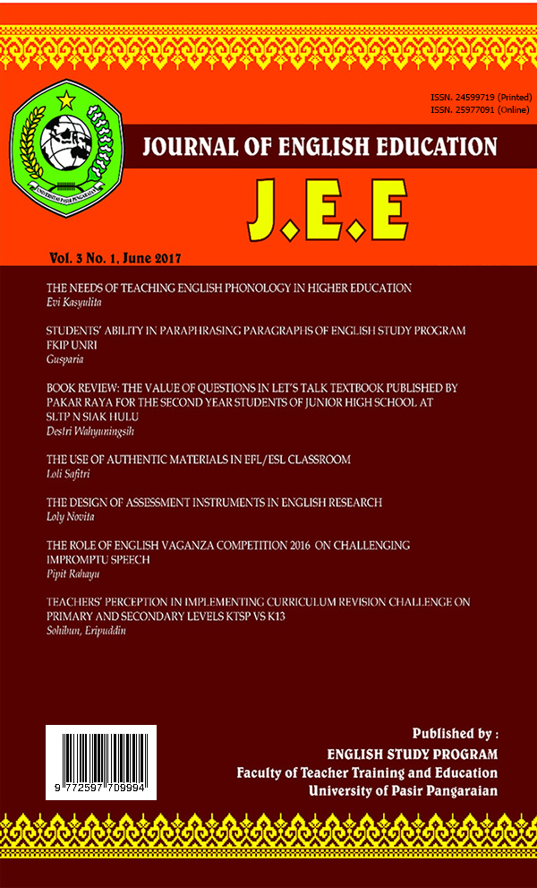 					View Vol. 3 No. 1 (2017): JEE (Journal of English Education)
				