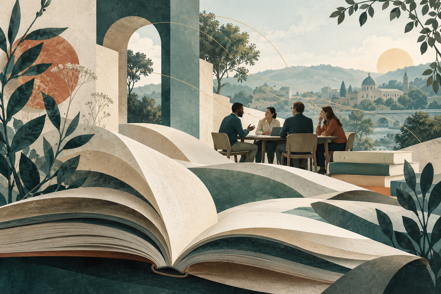 Editorial illustration of an open book and educators exchanging ideas, representing pedagogy and educational research.